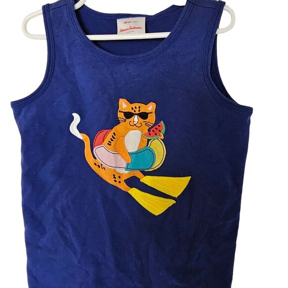 Hanna Anderson Tank Top Blue Applique Cat Watermelon Girls Size 8 Years 130 - Picture 3 of 6